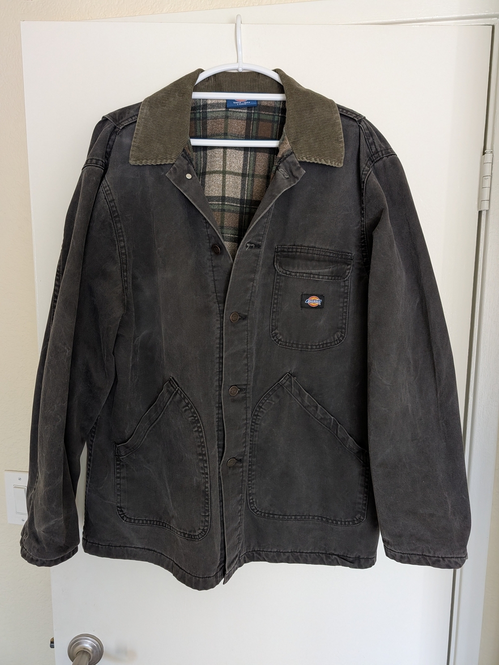 Dickies Black Work Jacket L Olive Corduroy Collar Y2k Plaid Flannel